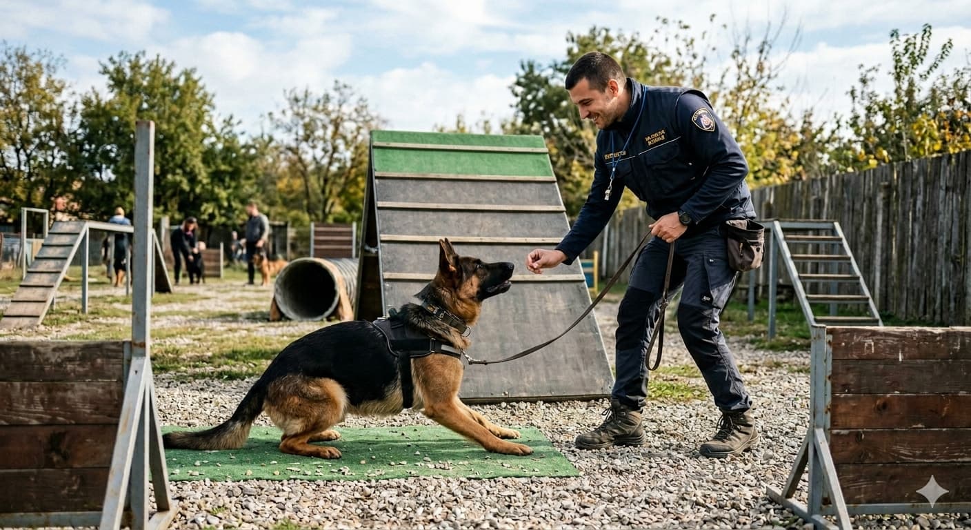 Dresura pasa - Dreser trenira psa na poligonu