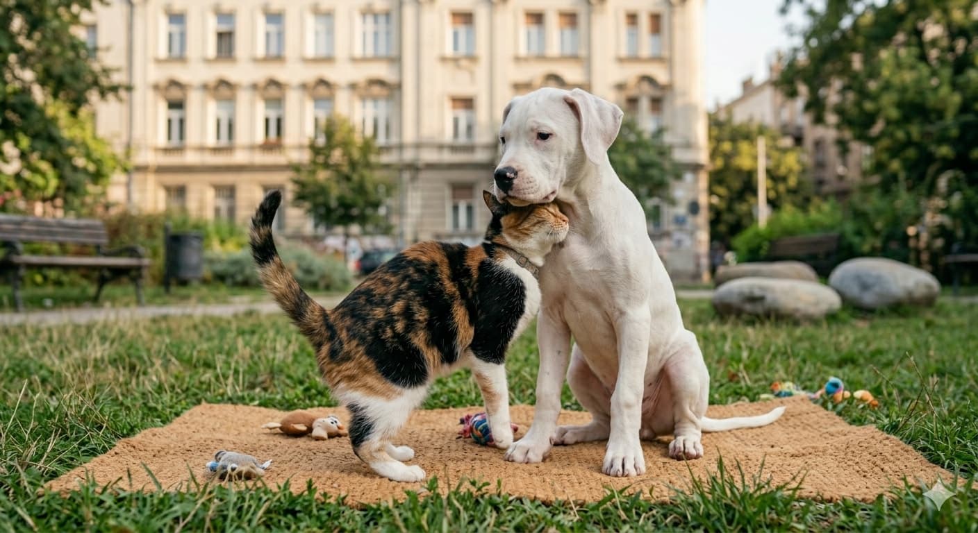 Mačka se umiljava štenetu argentinske doge