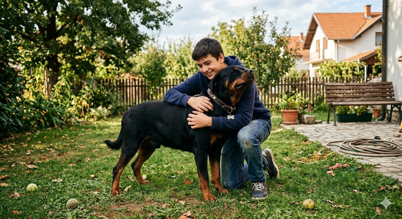 Kako psi komuniciraju sa ljudima- zagrljaj rotvajlera i čoveka