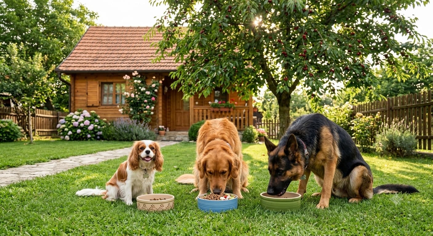 tri psa zajedno jedan pored drugoga jedu granule u dvorištu