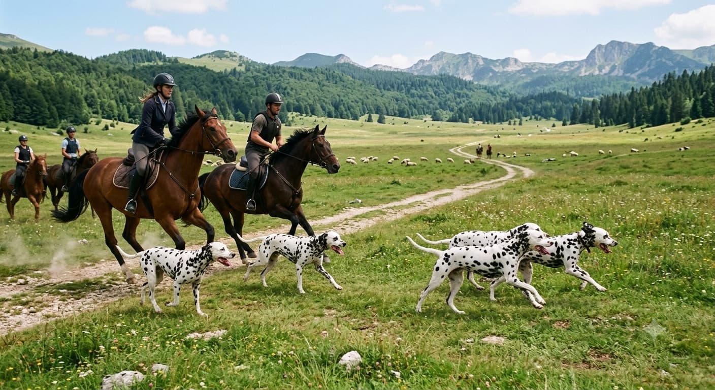 Nekoliko dalmatinaca trči ispred konja sa jahačima u planinskom područiju